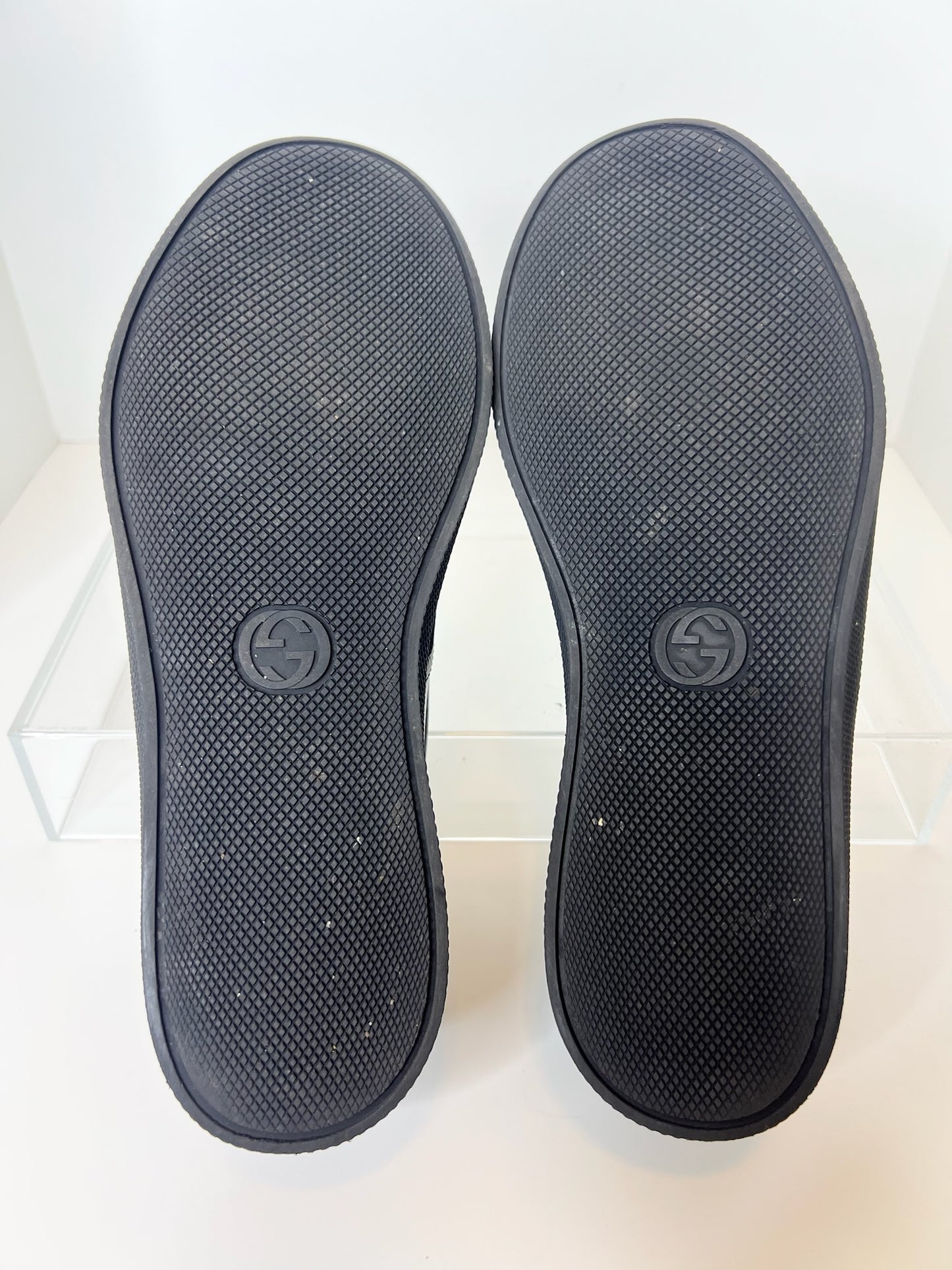 Gucci Black Leather Snake Print Slip On Sneakers, Size 7