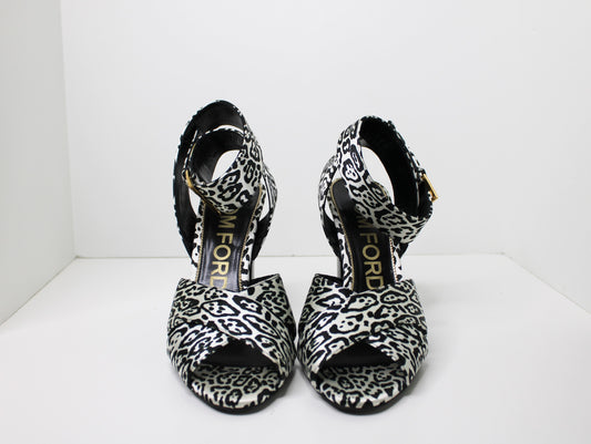 Tom Ford Leopard Print Satin Sandals, Size 40