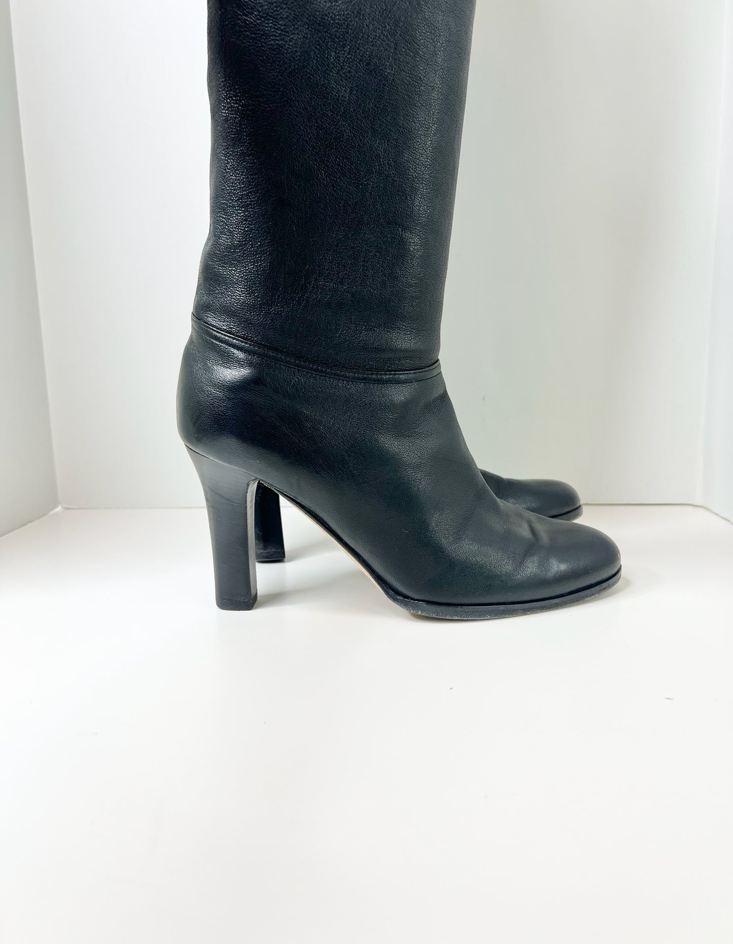 Jimmy Choo Black Leather Over-The-Knee Boots, Size 37