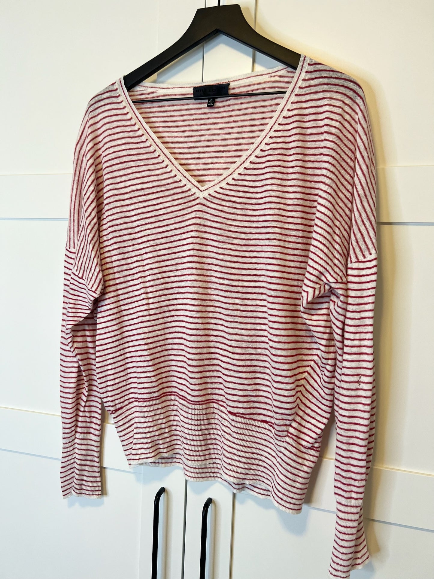 Nili Lotan V-Neck Red and White Stripe Shirt, Size M