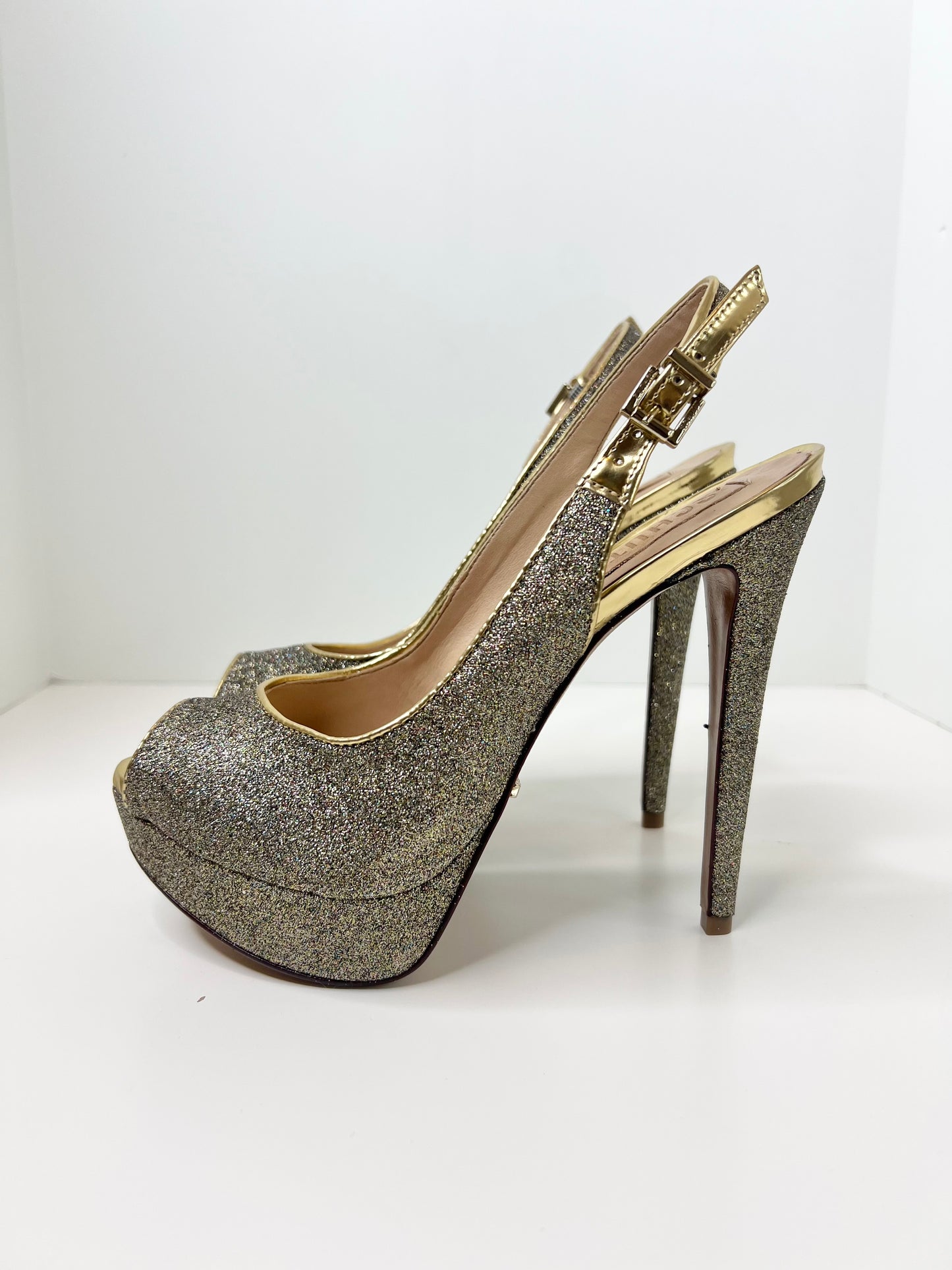 Schutz Gold Glitter Peep-toe Platform Slingbacks, Size 7