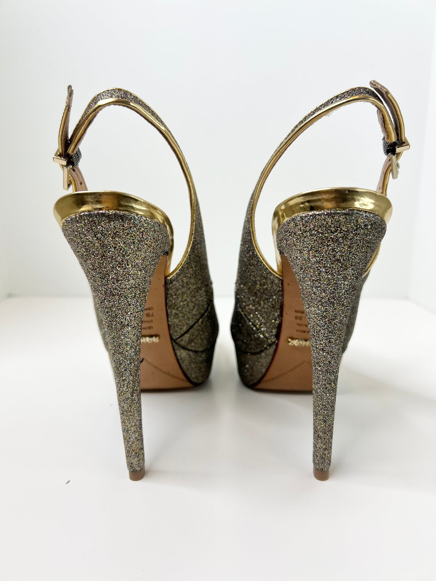 Schutz Gold Glitter Peep-toe Platform Slingbacks, Size 7