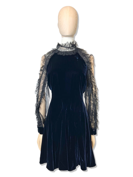 Christian Dior Navy Velvet Dress w/ Black Lace, Size 44