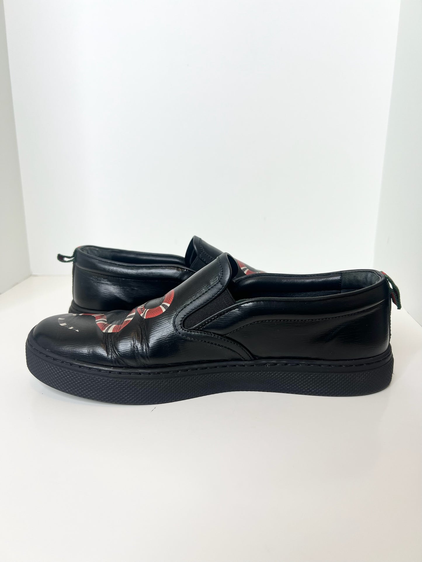 Gucci Black Leather Snake Print Slip On Sneakers, Size 7