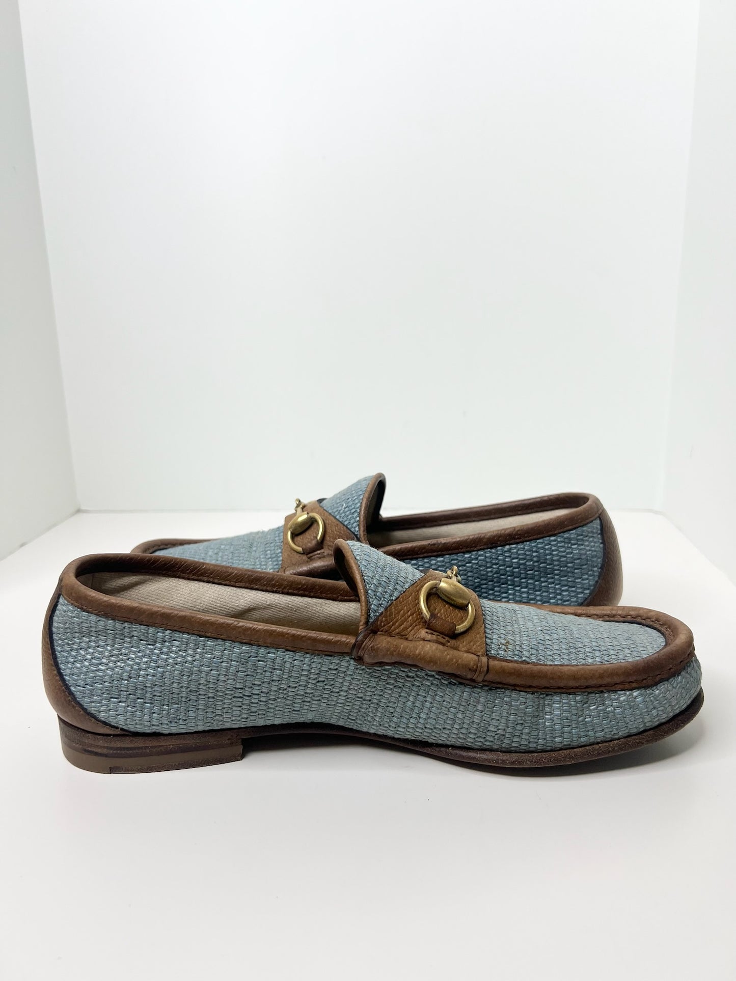 Gucci Horsebit Raffia Blue Loafers, Size 7