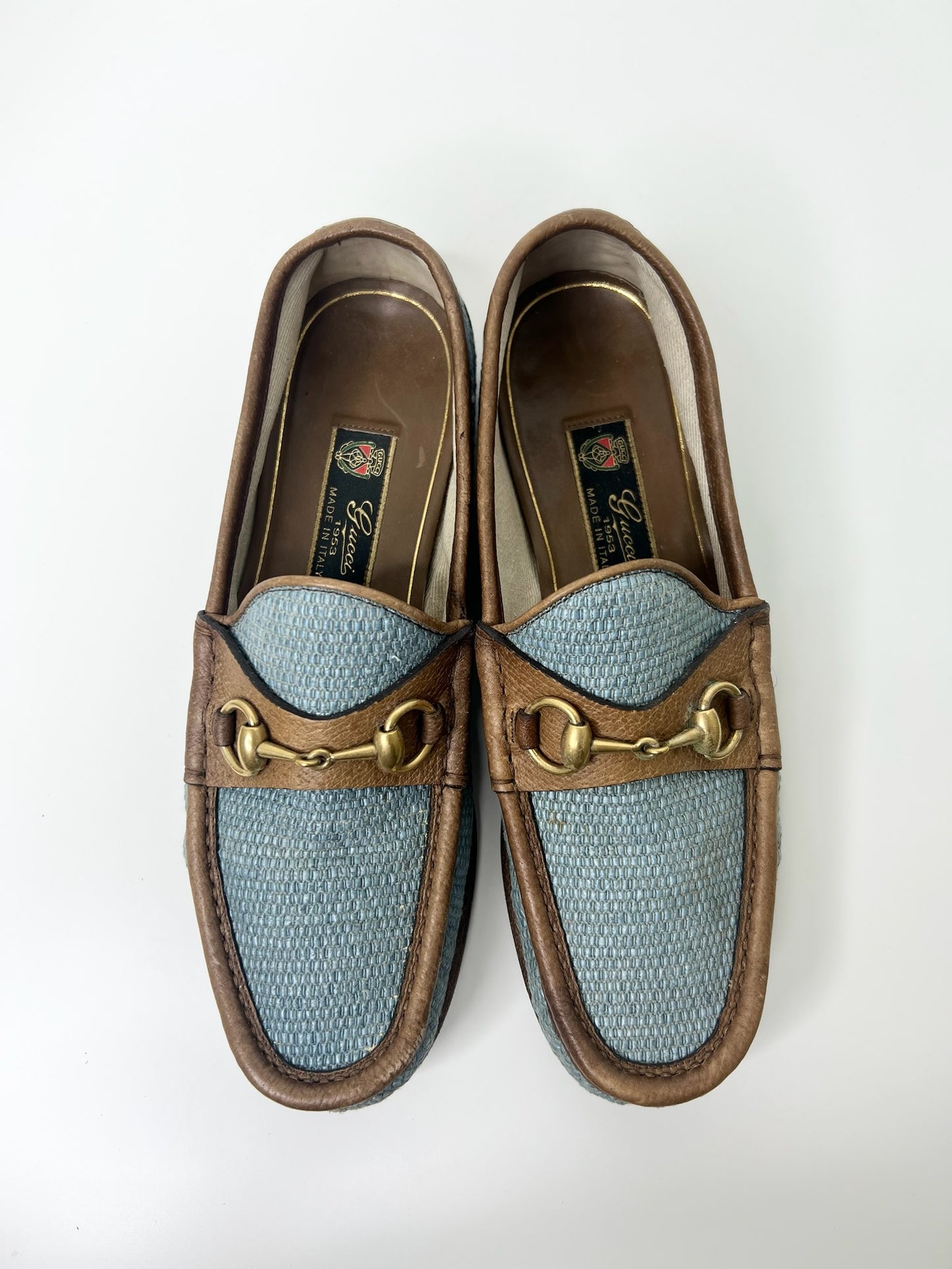 Gucci Horsebit Raffia Blue Loafers, Size 7
