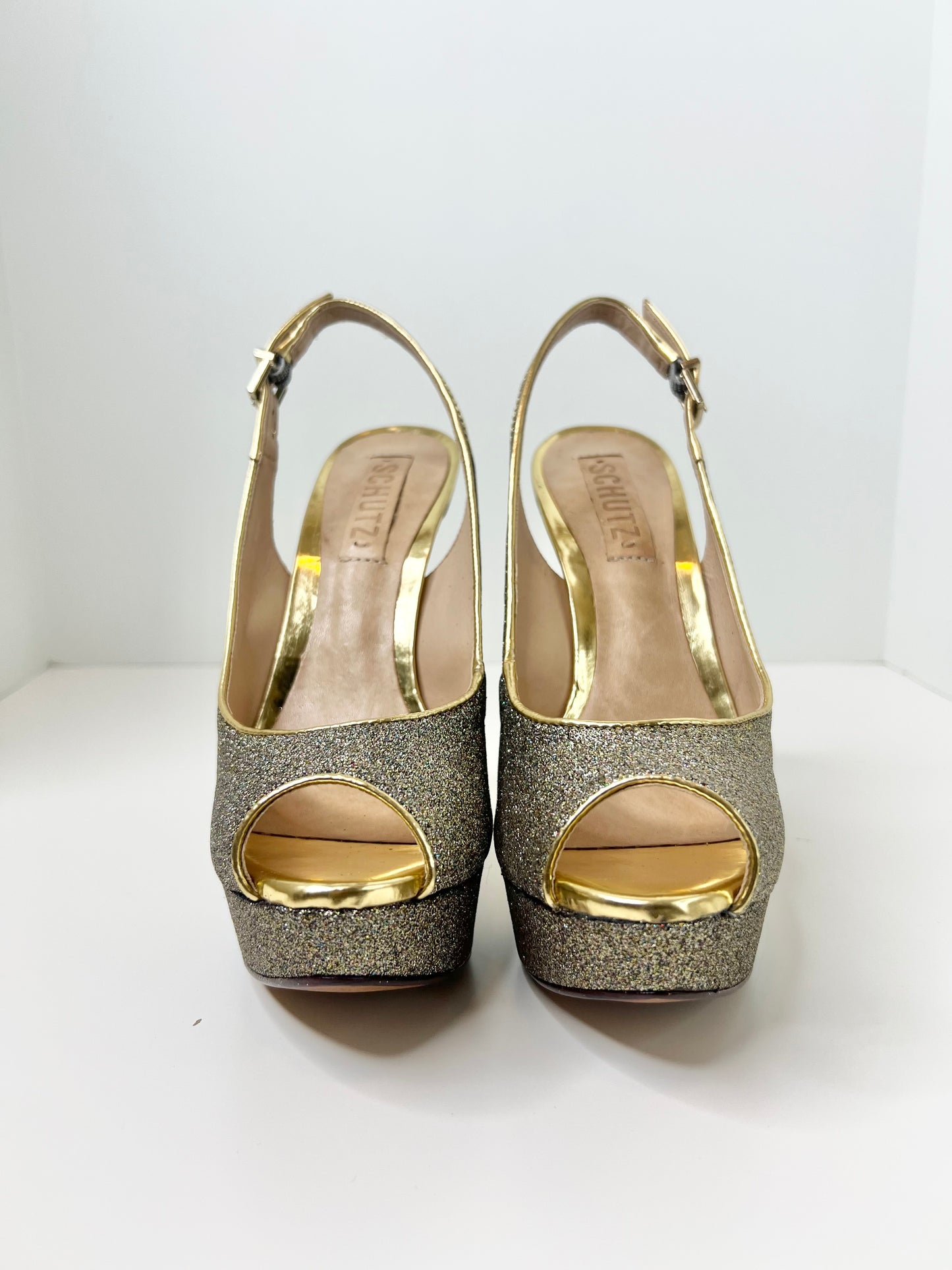Schutz Gold Glitter Peep-toe Platform Slingbacks, Size 7