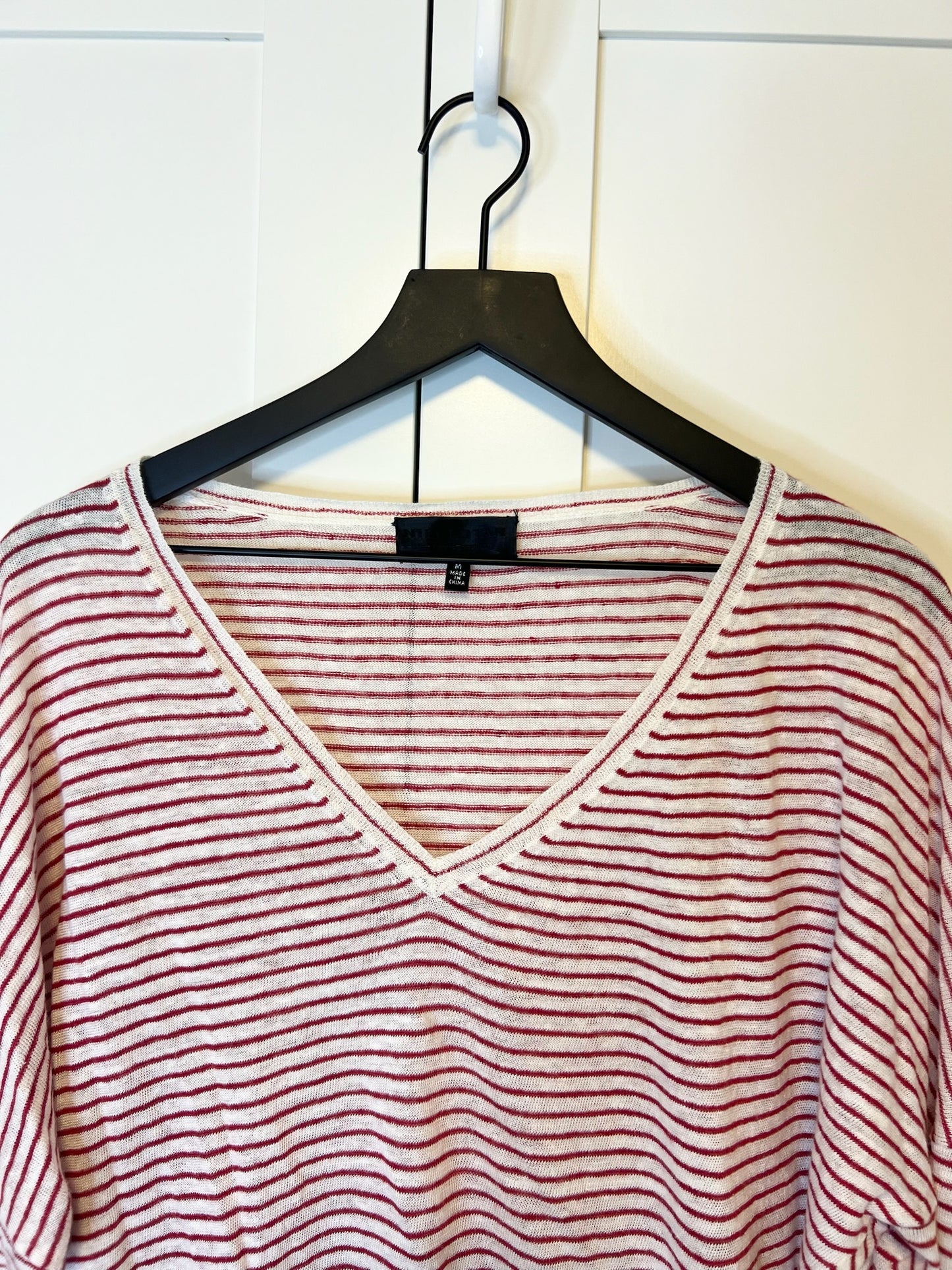 Nili Lotan V-Neck Red and White Stripe Shirt, Size M