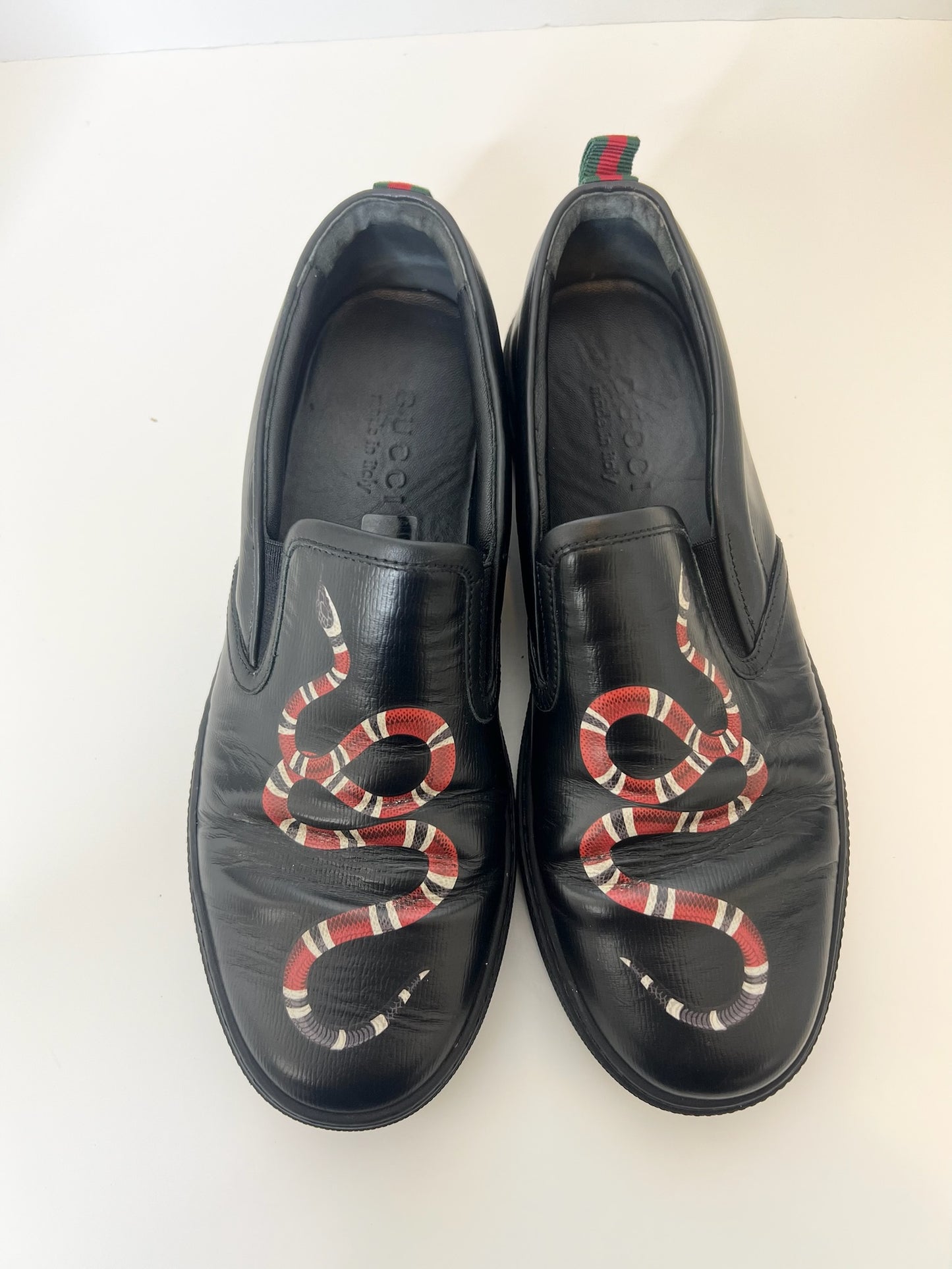 Gucci Black Leather Snake Print Slip On Sneakers, Size 7