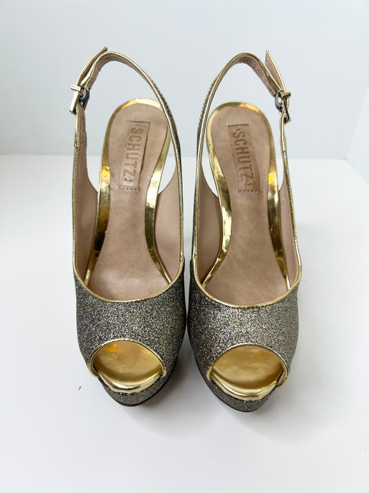 Schutz Gold Glitter Peep-toe Platform Slingbacks, Size 7