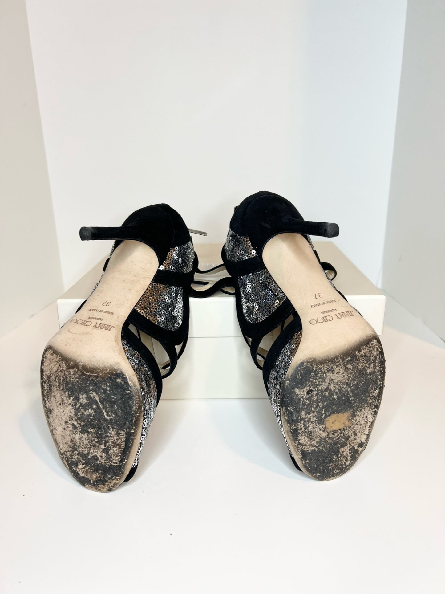 Jimmy Choo Tempest Silver Sequin w/ Black Suede Sandal, Size 37
