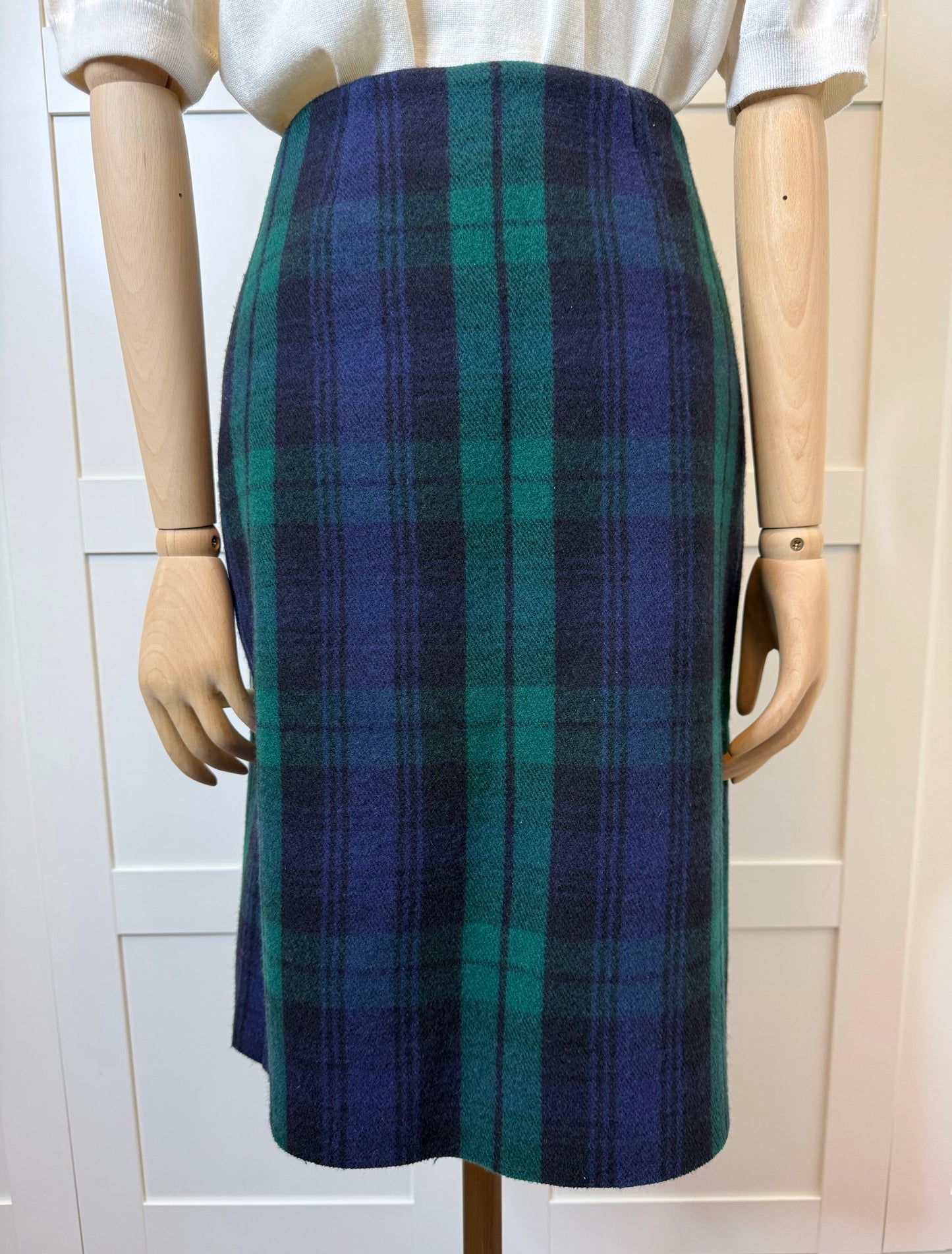 Balenciaga Navy & Green Tartan Wool Kilt Skirt, Size 36