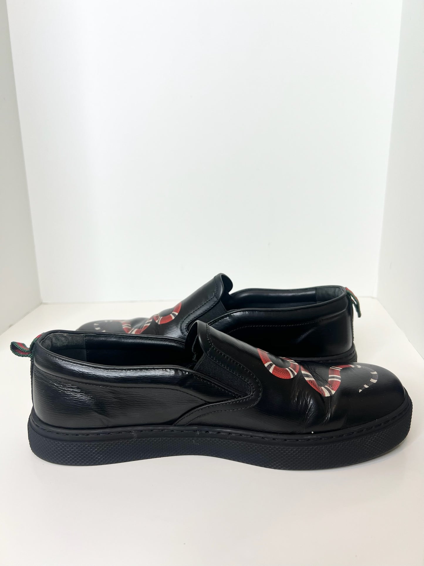 Gucci Black Leather Snake Print Slip On Sneakers, Size 7