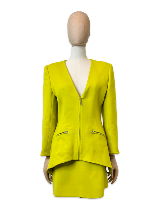 Claude Montana Chartreuse Wool Peplum Jacket & Skirt Set, Size 40/US 6