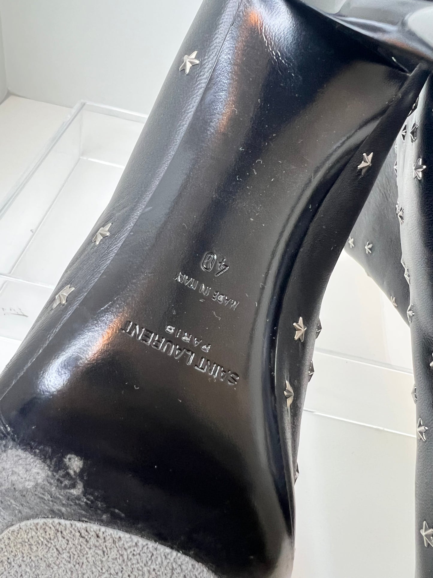 Saint Laurent Pierre Star-Embellished 95 Leather Boots, Size 40