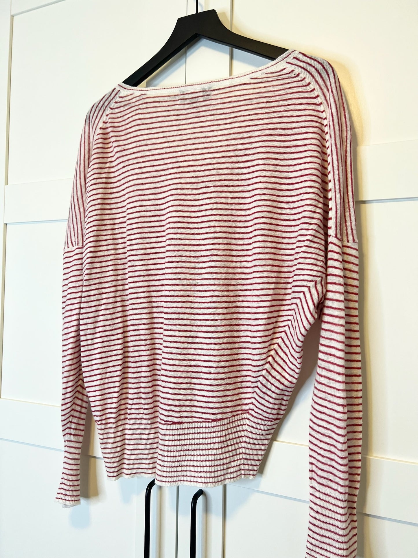 Nili Lotan V-Neck Red and White Stripe Shirt, Size M