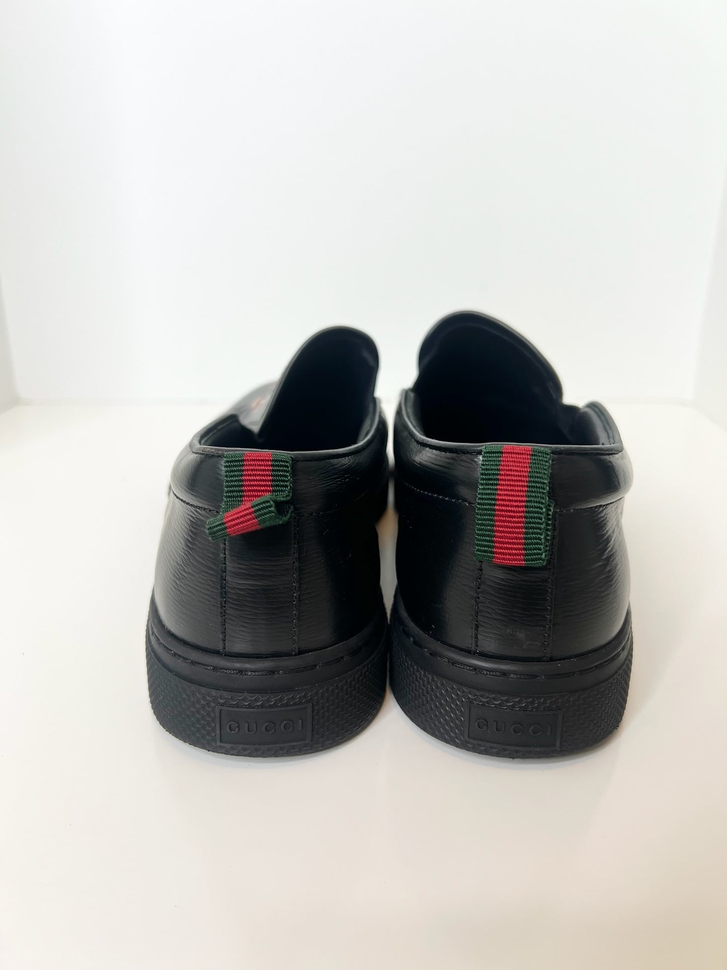 Gucci Black Leather Snake Print Slip On Sneakers, Size 7