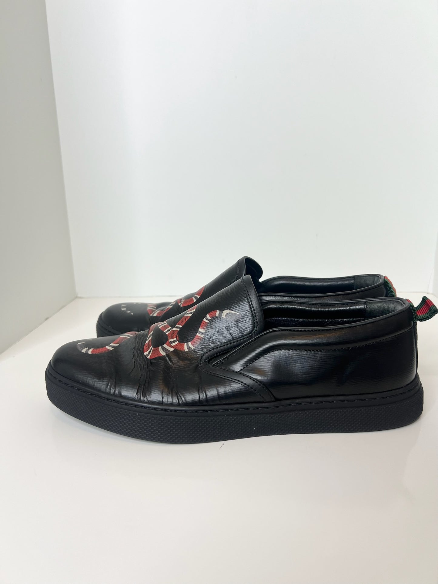 Gucci Black Leather Snake Print Slip On Sneakers, Size 7