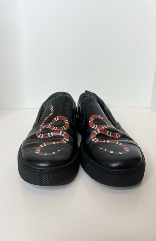 Gucci Black Leather Snake Print Slip On Sneakers, Size 7