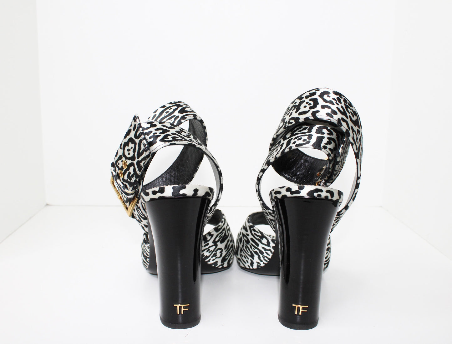 Tom Ford Leopard Print Satin Sandals, Size 40
