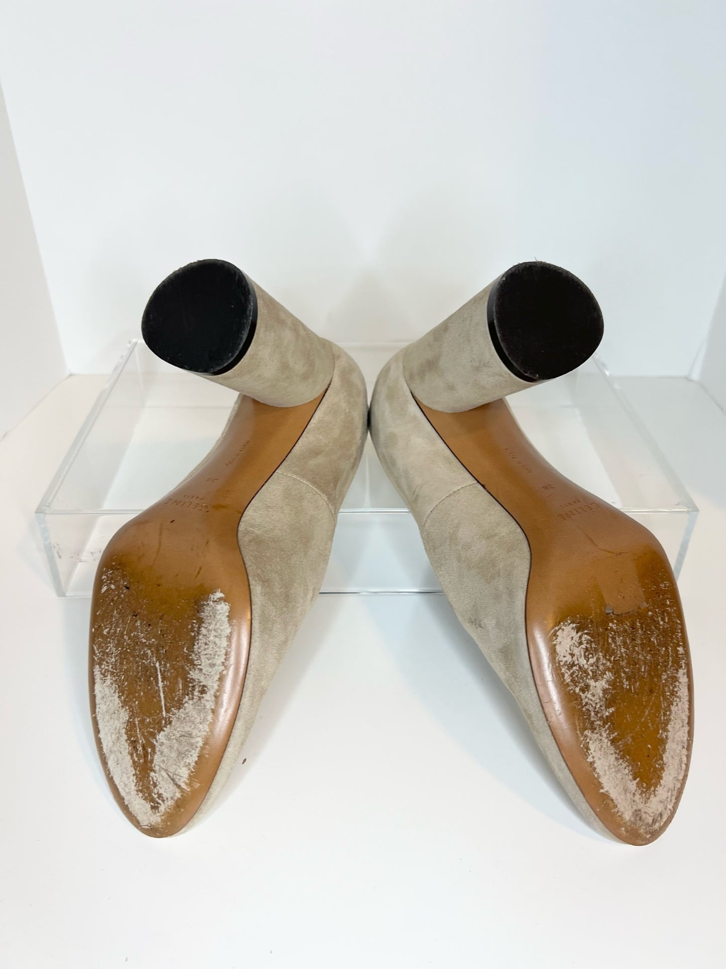 Celine Round-toe Block Heel Suede Pumps, Tan Size 38