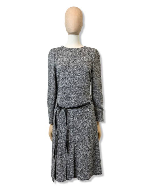 Oscar de la Renta Black & White Tweed Belted Dress, Size 4