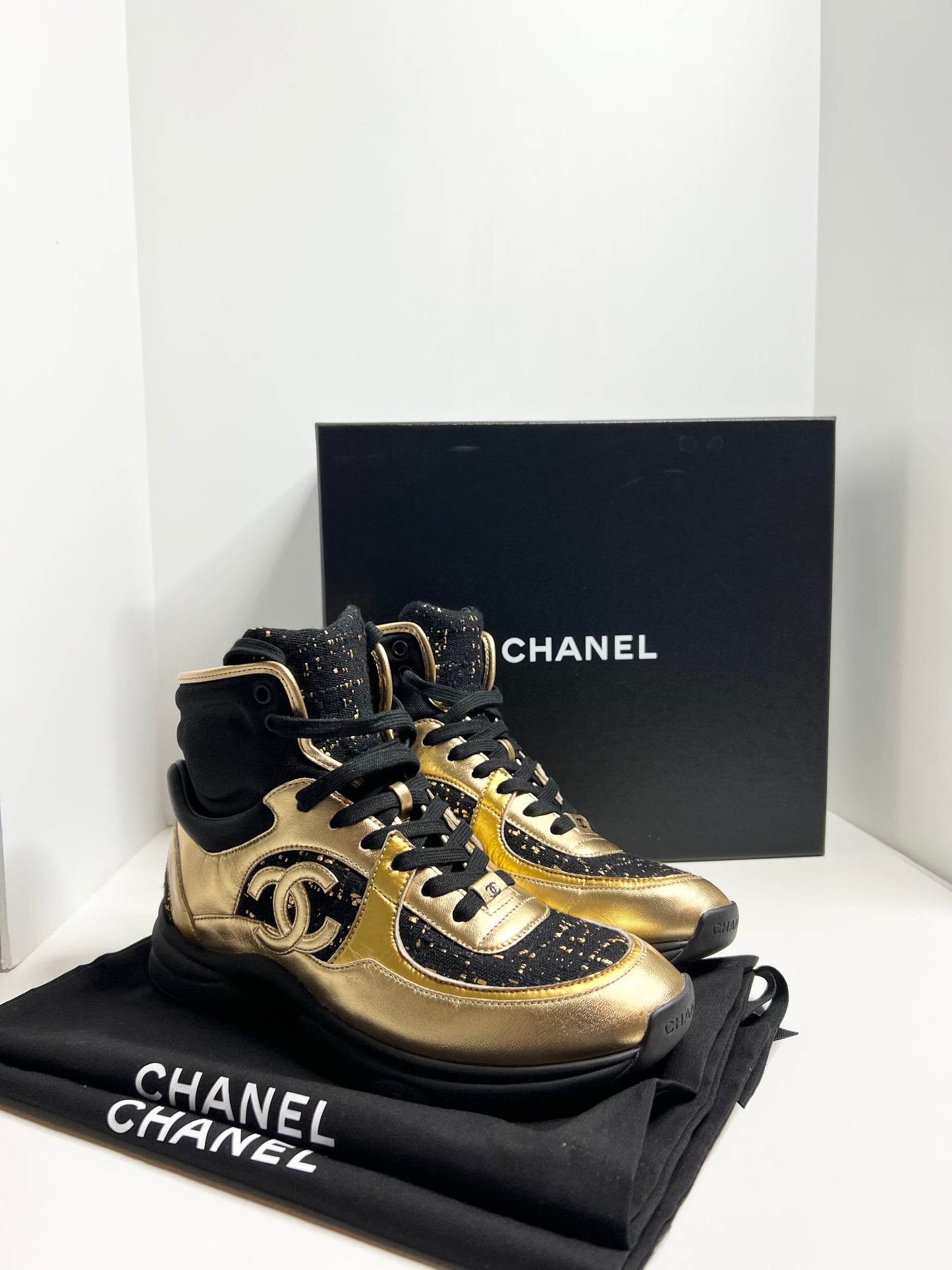 Chanel Black High Top Black & Gold Sneakers, Size 38.5