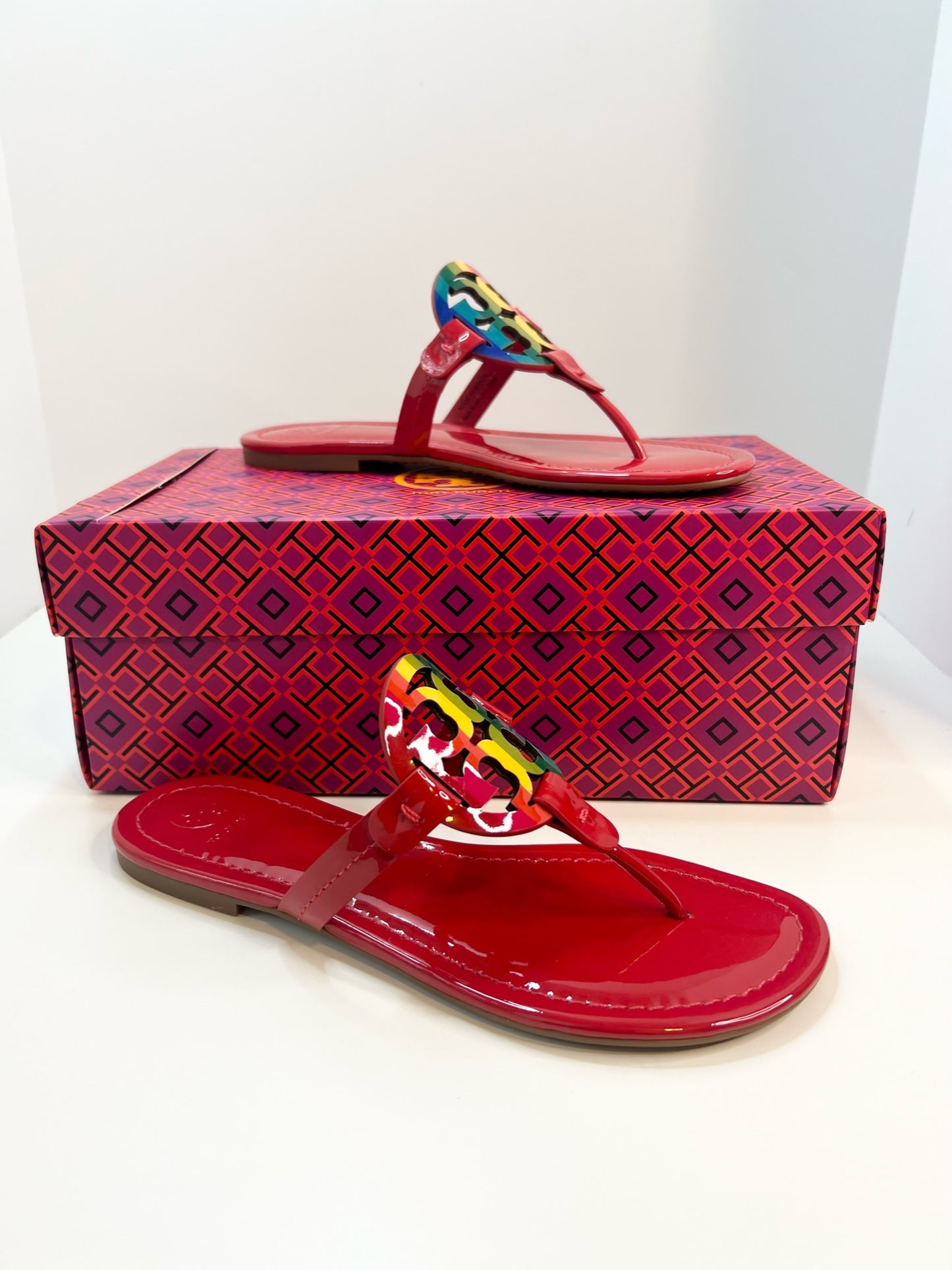 NWT! Tory Burch Miller Bright Rainbow/Ruby Red Sandal, Size 7.5