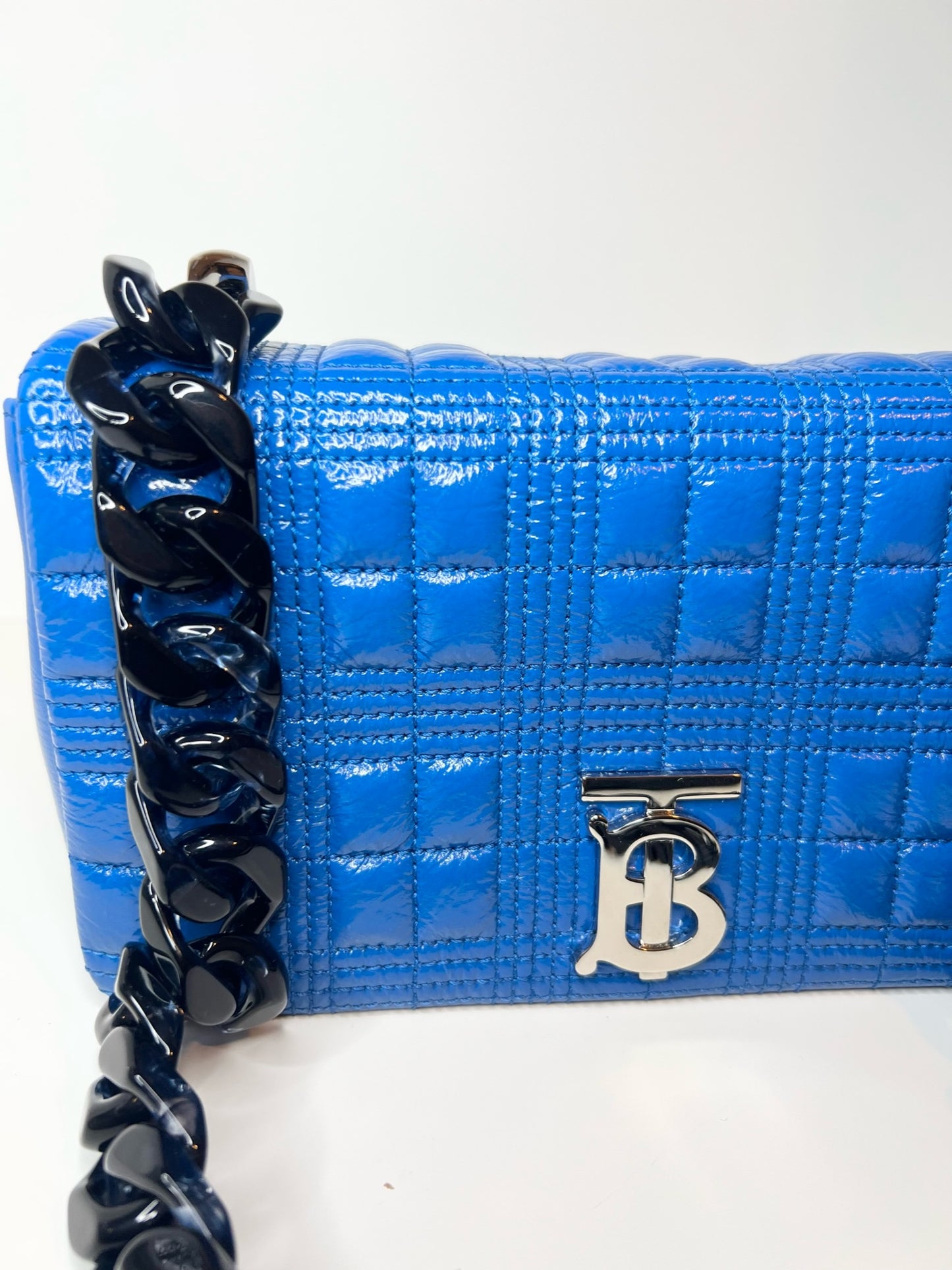 Burberry Patent Resin Chain Small Lola Bag in Blue