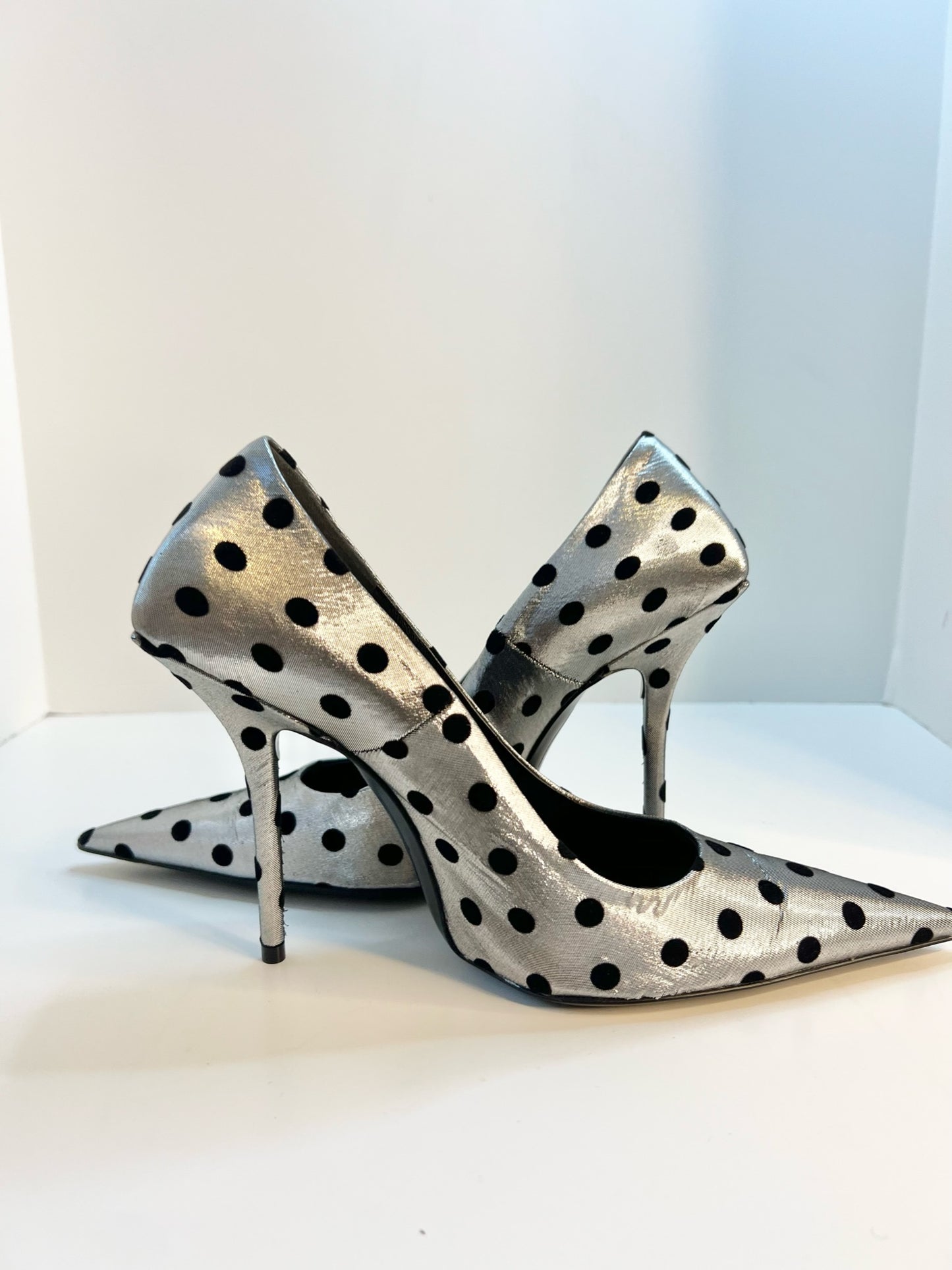 NWT Balenciaga Square Knife Polka-dot Flocked Lamé in Silver, Size 37