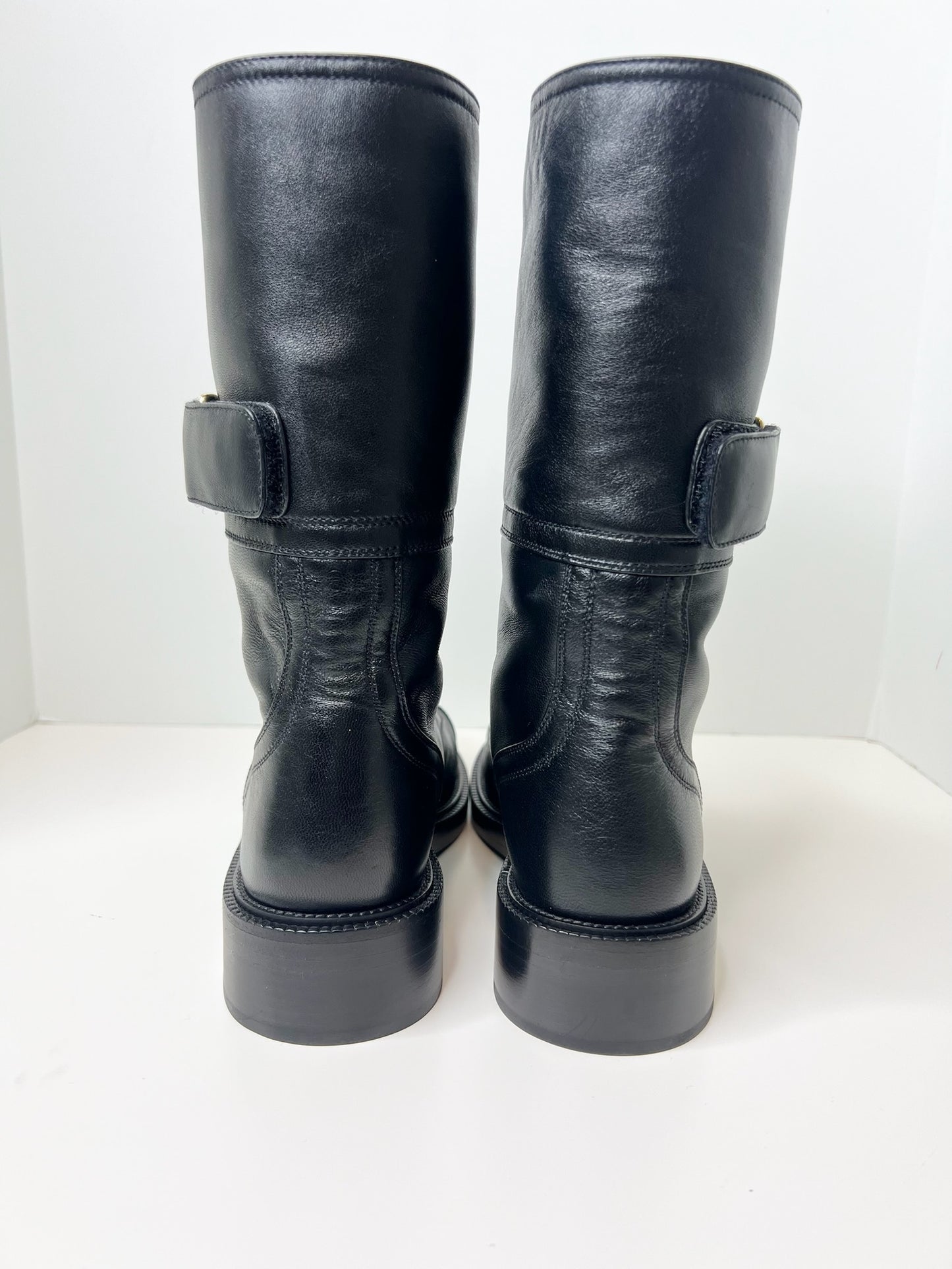 NWT! Chanel Lambskin Calfskin Lace Up Combat Boots, Black, Size 37.5