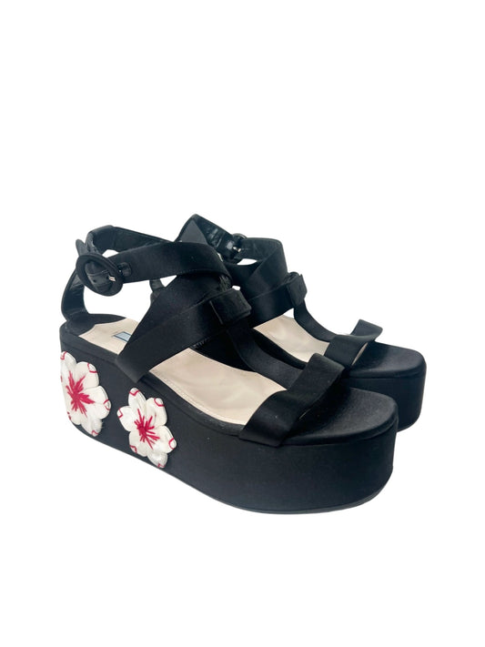 Prada Silk Satin Platform Flower Appliqué Sandals, Size 38