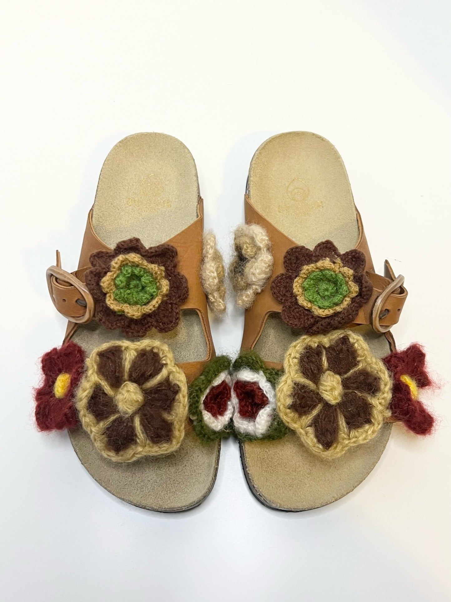 Brother Vellies Greg Crochet-Flower Leather Sandals in Multi Brown, Size 9