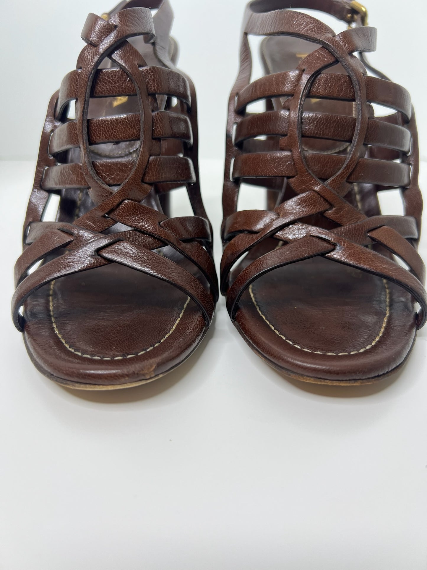 Prada Brown Leather Strappy Slingback Sandals, Size 39