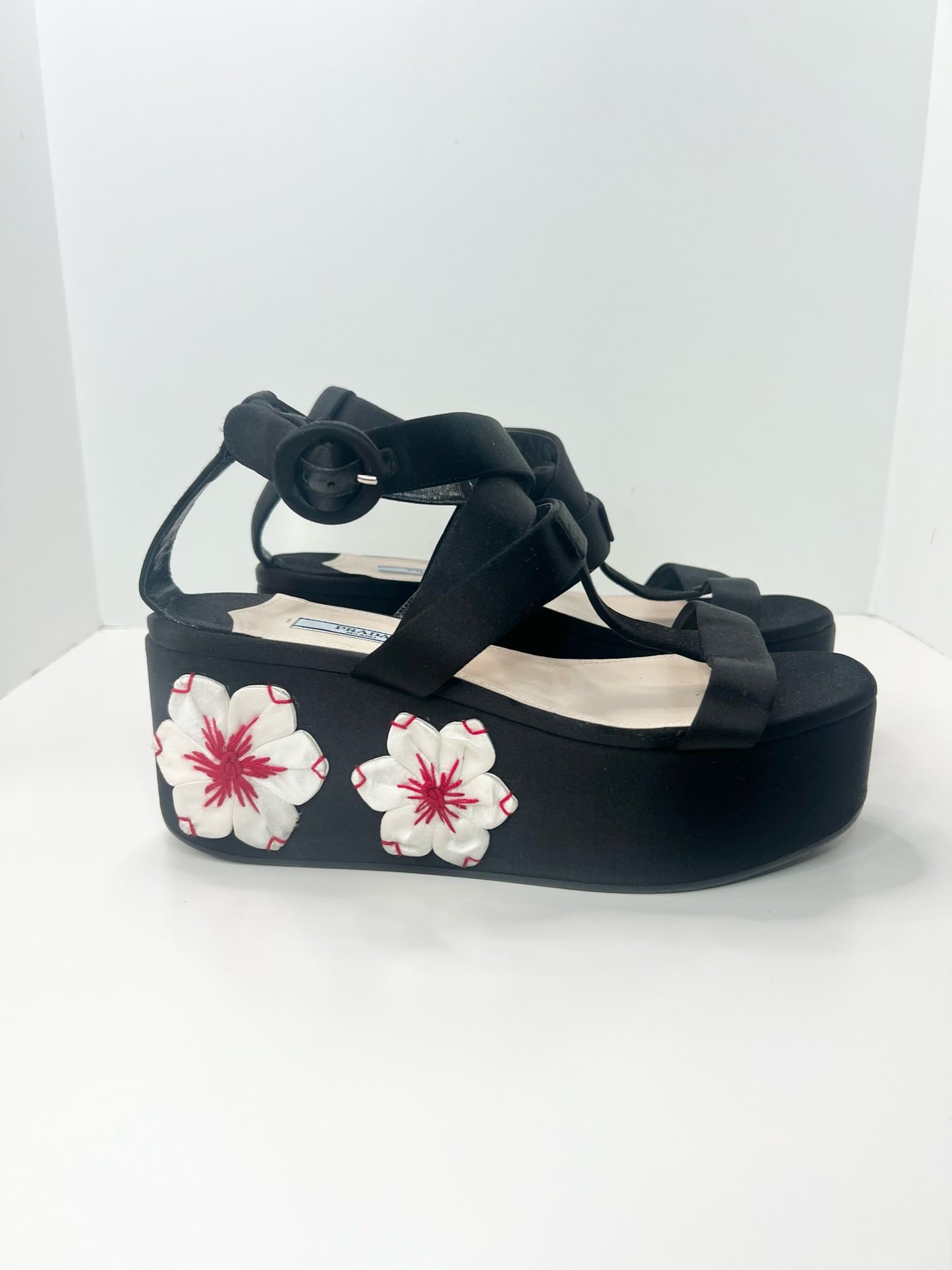 Prada Silk Satin Platform Flower Appliqué Sandals, Size 38