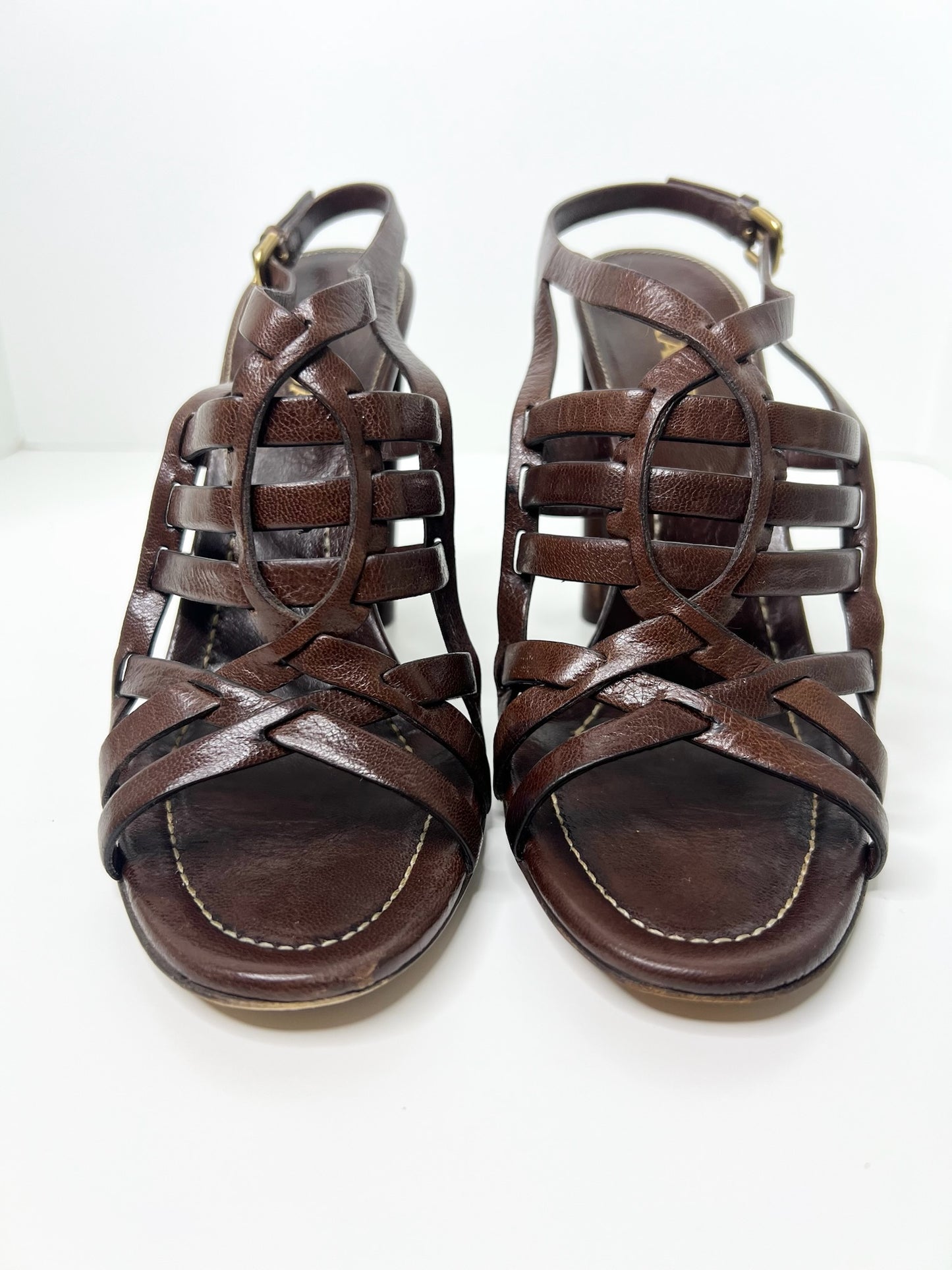 Prada Brown Leather Strappy Slingback Sandals, Size 39