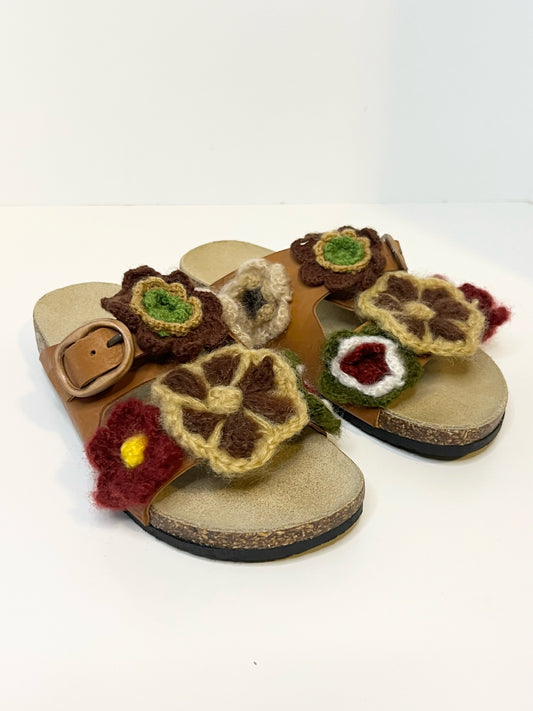 Brother Vellies Greg Crochet-Flower Leather Sandals in Multi Brown, Size 9