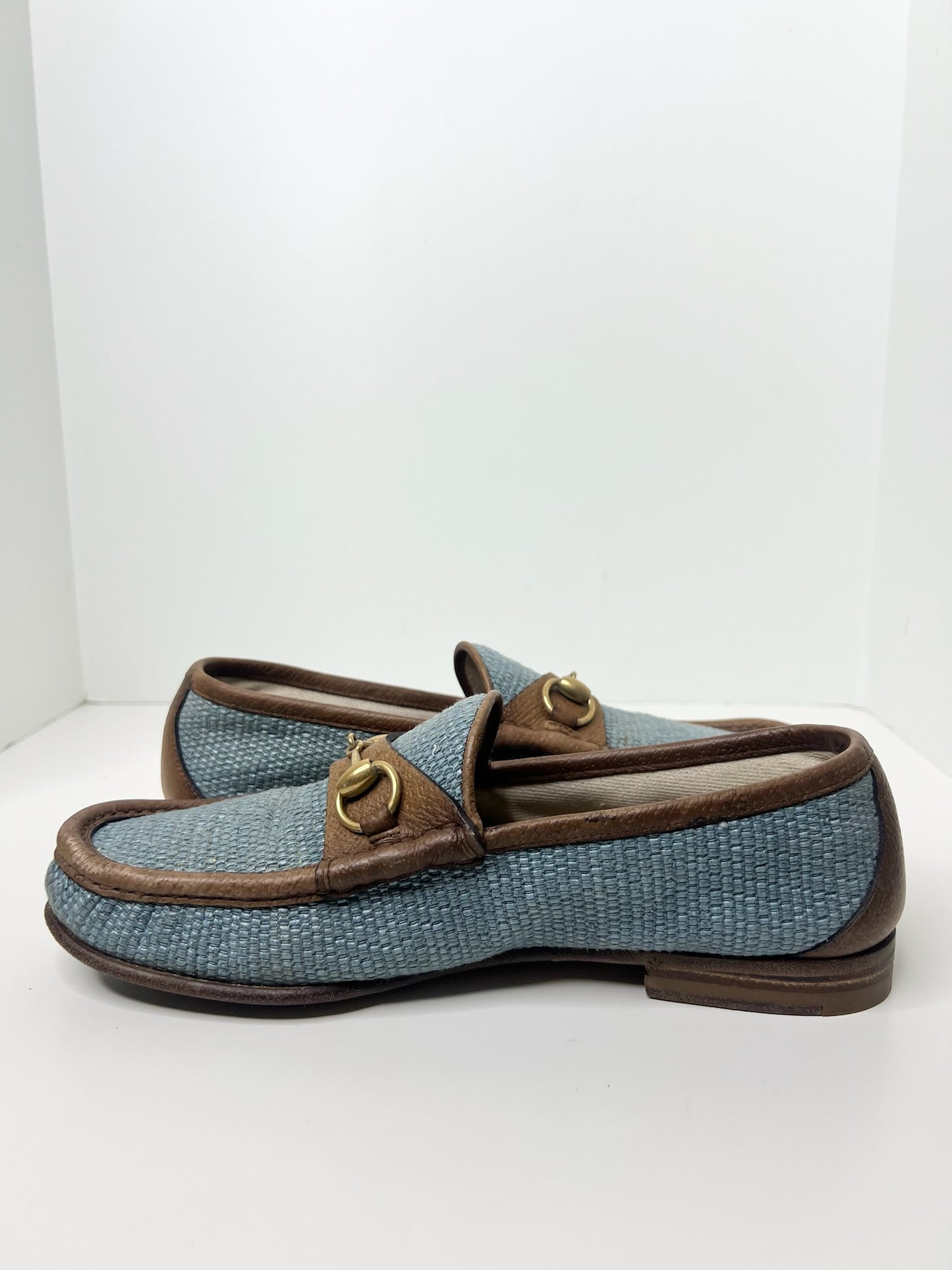 Gucci Horsebit Raffia Blue Loafers, Size 7