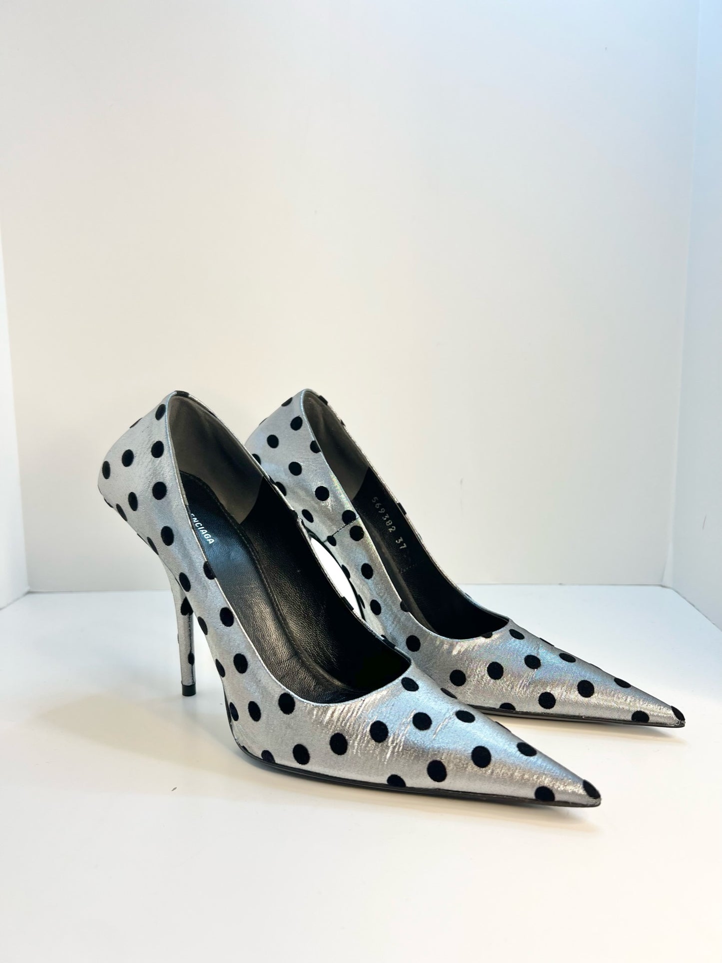 NWT Balenciaga Square Knife Polka-dot Flocked Lamé in Silver, Size 37