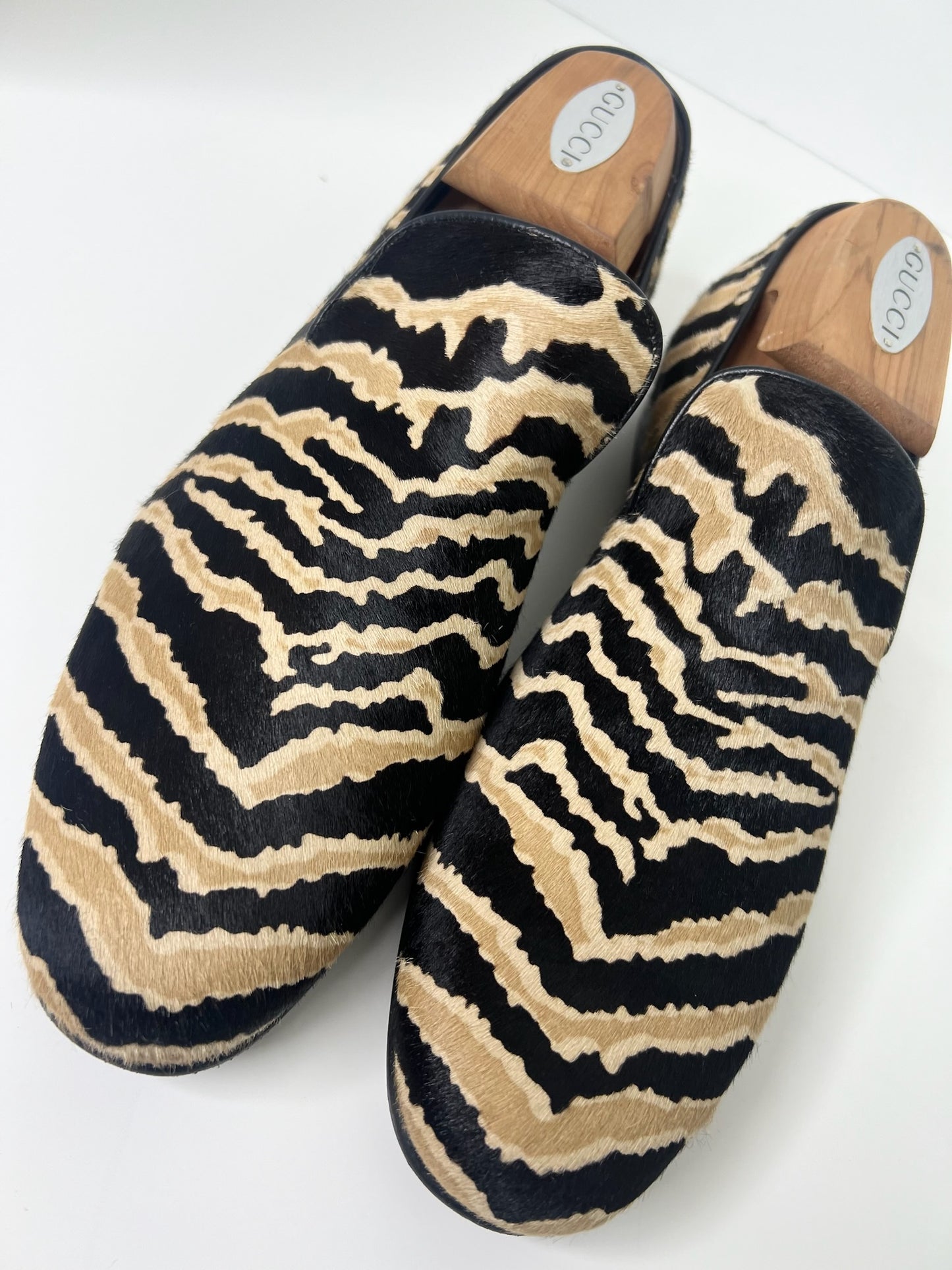 Gucci Pony Hair Black & Tan Zebra Print Loafers, Size 7