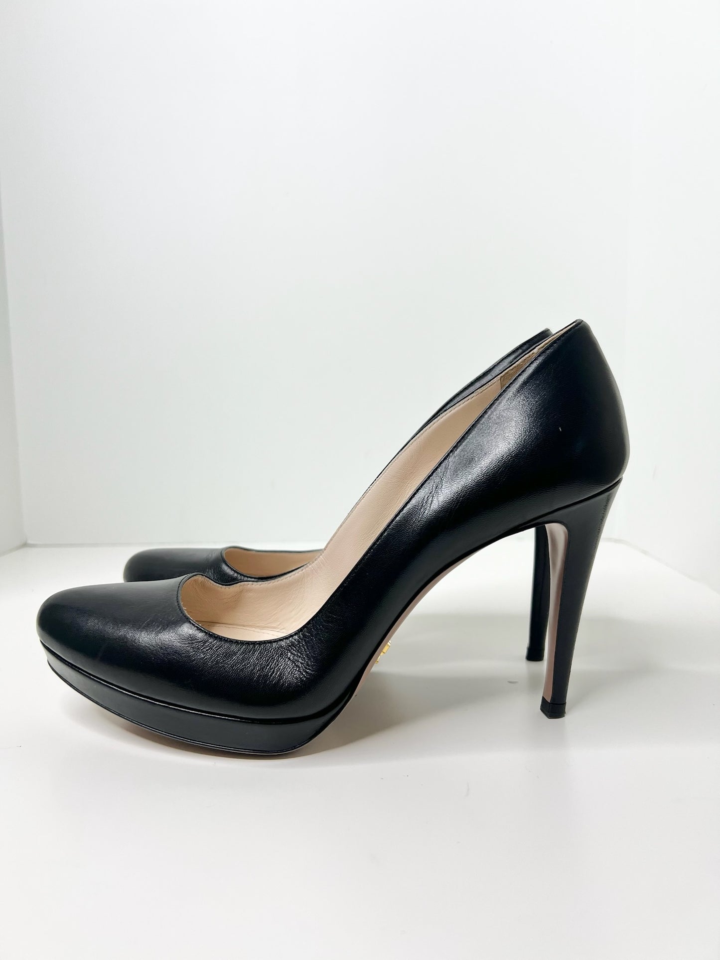 Prada Black Leather Platform Pumps, Size 38