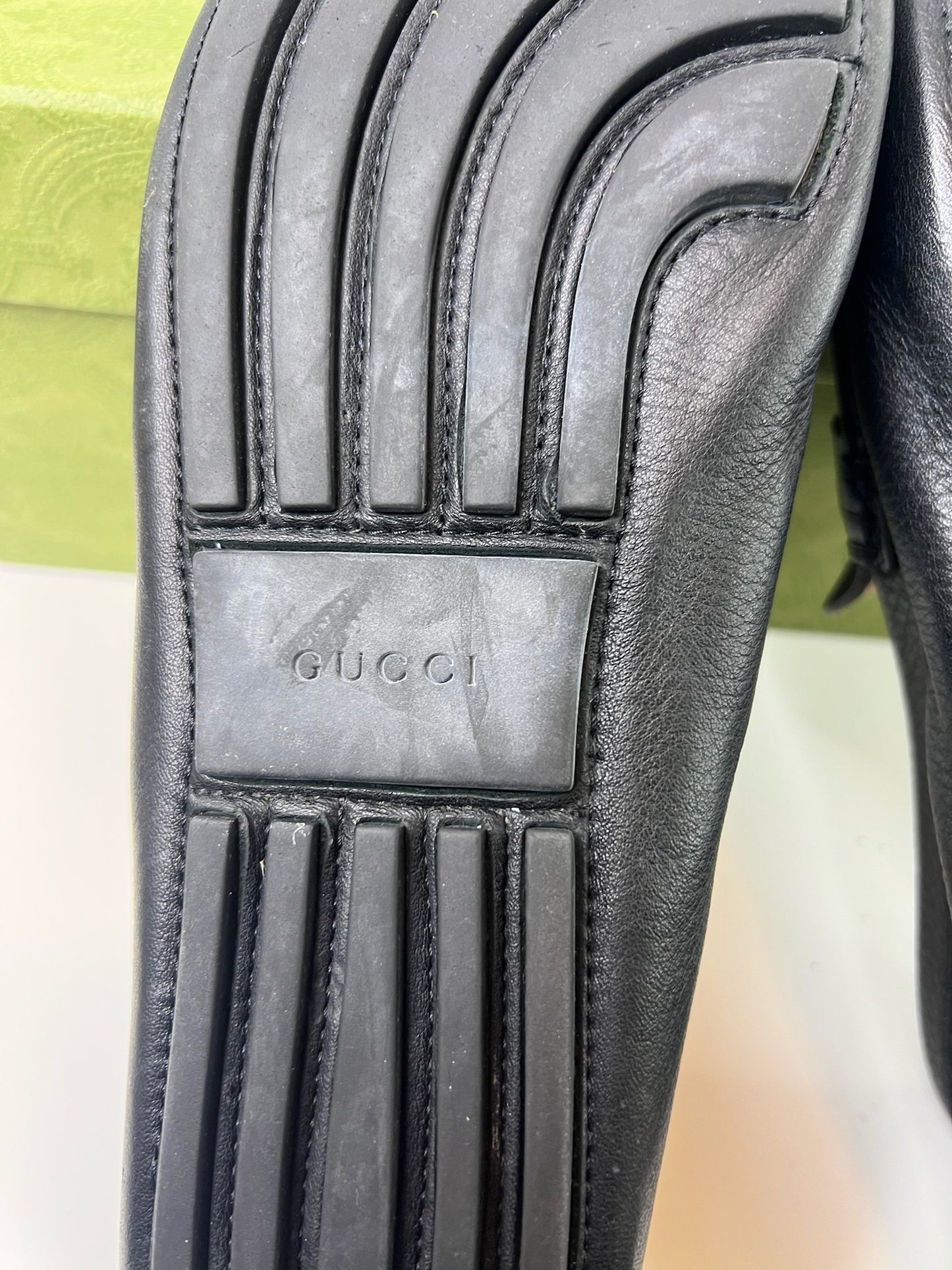 Gucci Interlocking G Logo Black Leather Drivers, Size 7