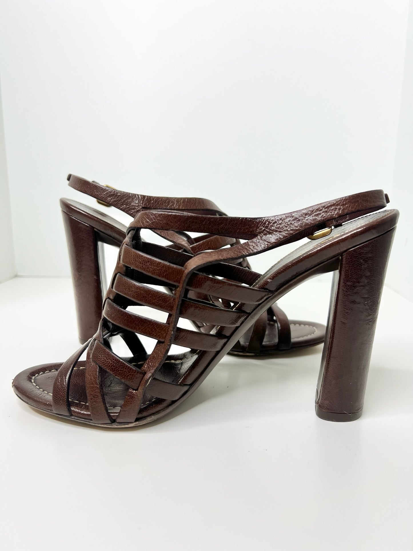 Prada Brown Leather Strappy Slingback Sandals, Size 39