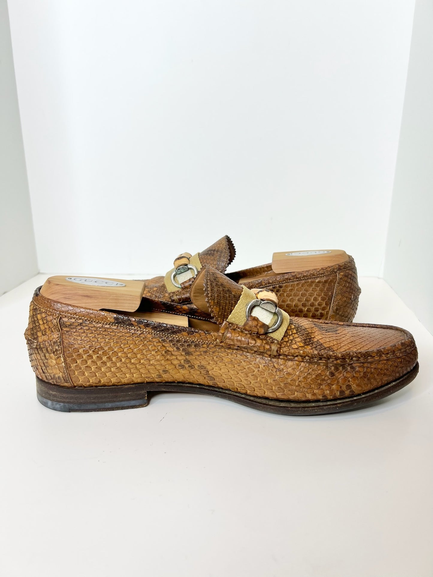 Gucci Python Loafers w/ Bamboo Hardware Accent, Size 7