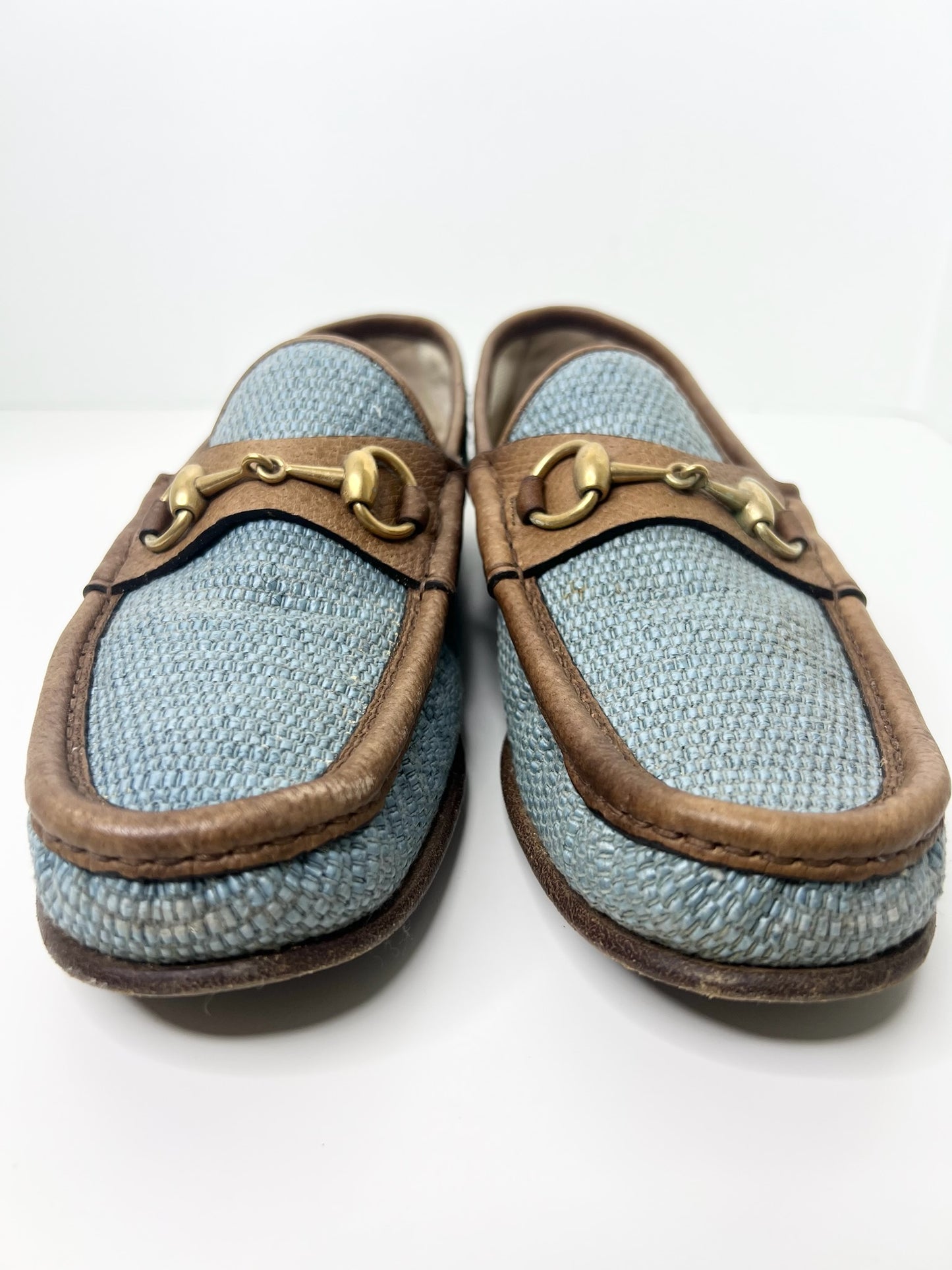 Gucci Horsebit Raffia Blue Loafers, Size 7