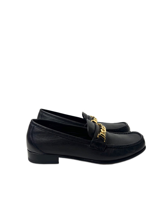 Gucci Sylvie Black Leather Loafers with Gold Chain, Size 37.5