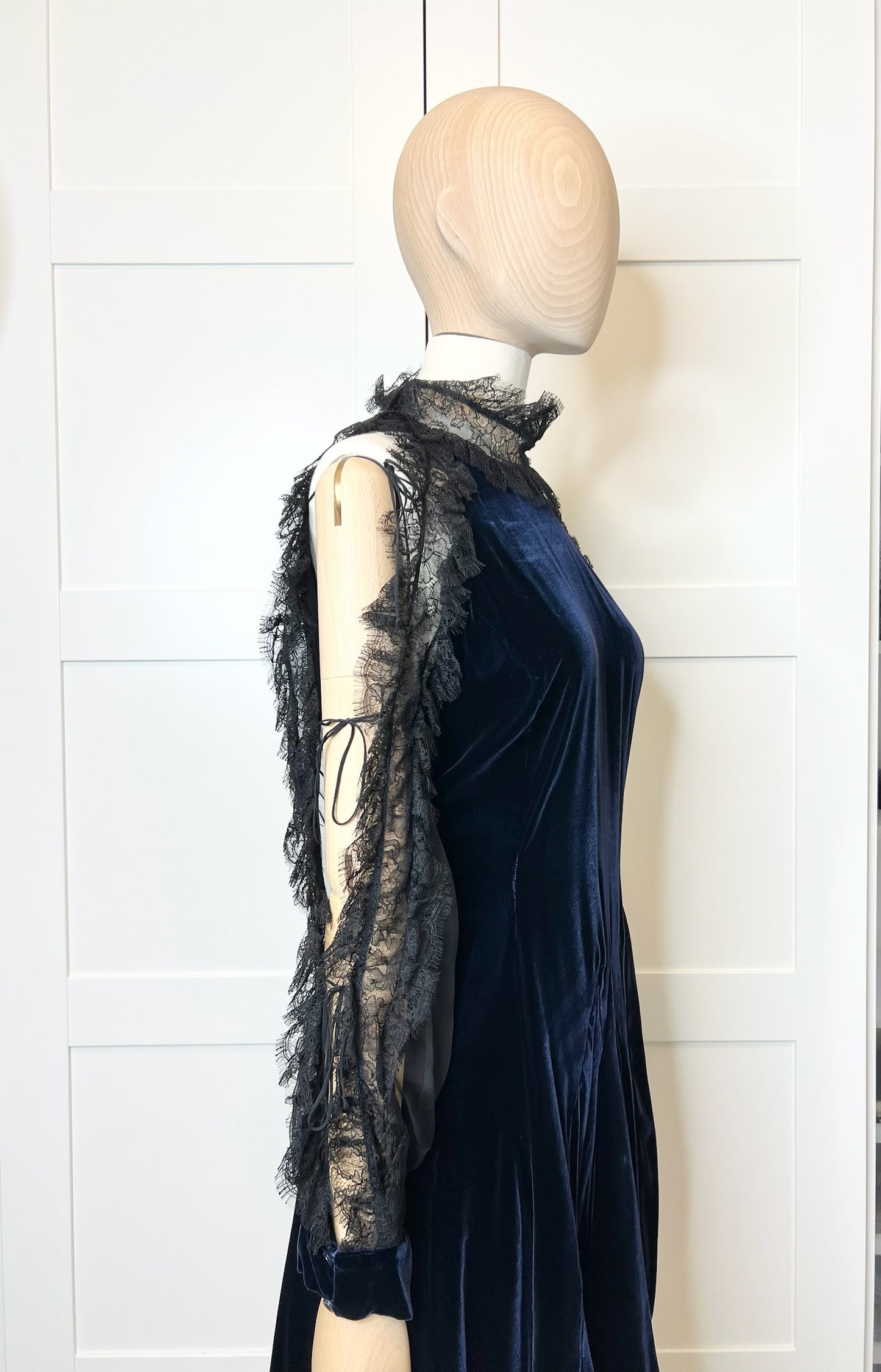 Christian Dior Navy Velvet Dress w/ Black Lace, Size 44