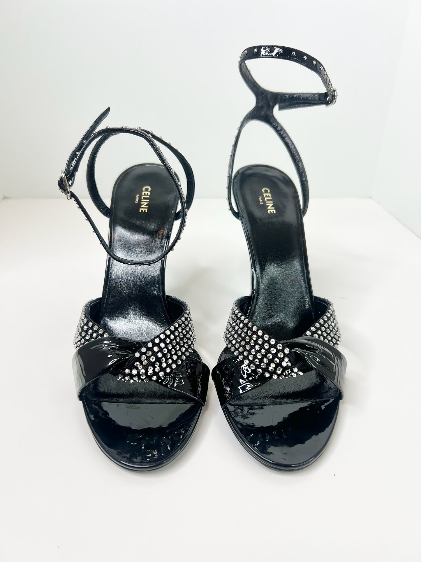 NWT! Celine Edwige Patent Leather Crystal Embellished Sandals, Size 37.5