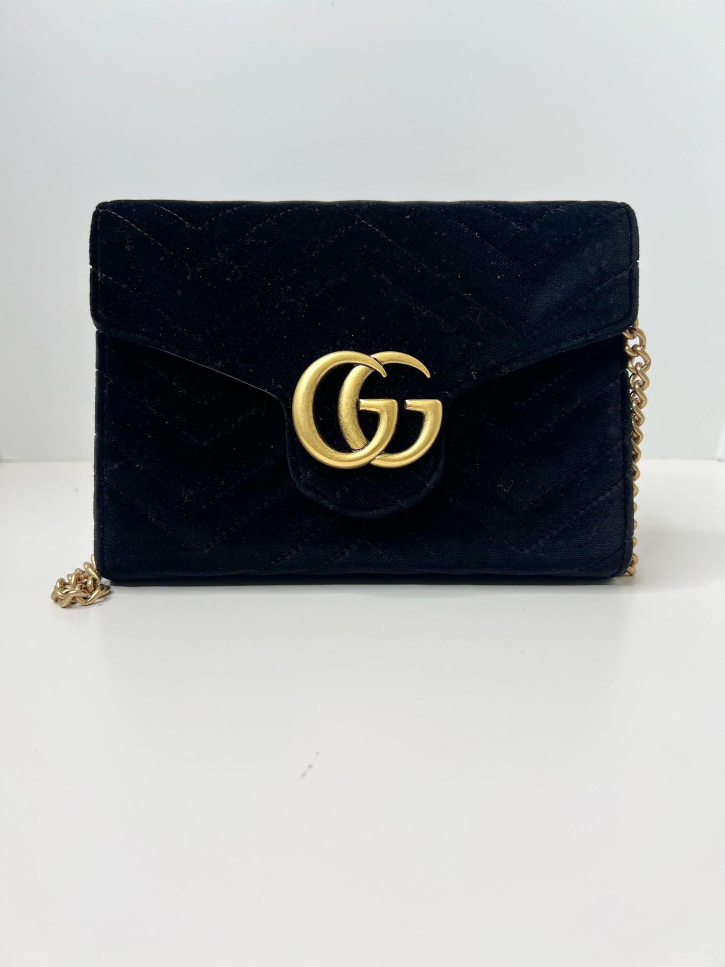 Gucci GG Marmot Black Velvet Wallet on Chain