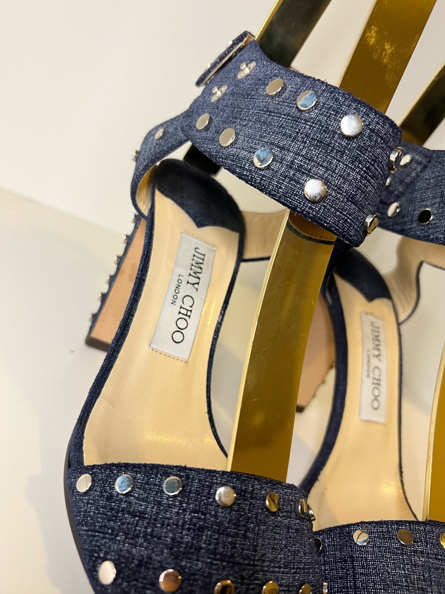 Jimmy Choo Veto Denim Blue Studded Sandals, Size 37.5